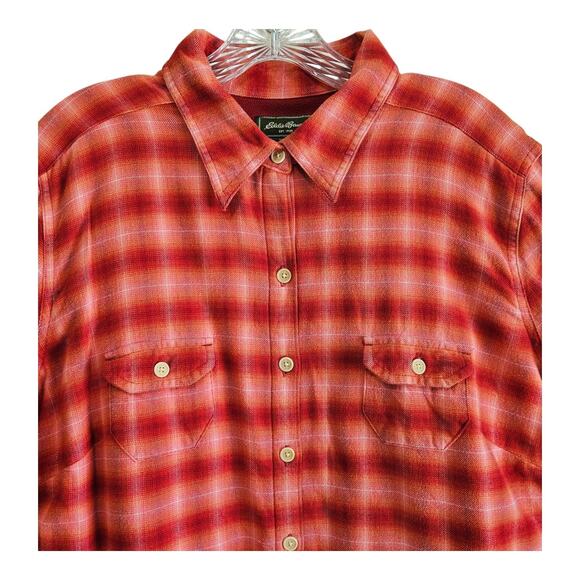 EDDIE BAUER Women's XL Flannel Shirt Fleece Lined Button Up Plaid Red Pink 48" - Picture 2 of 8